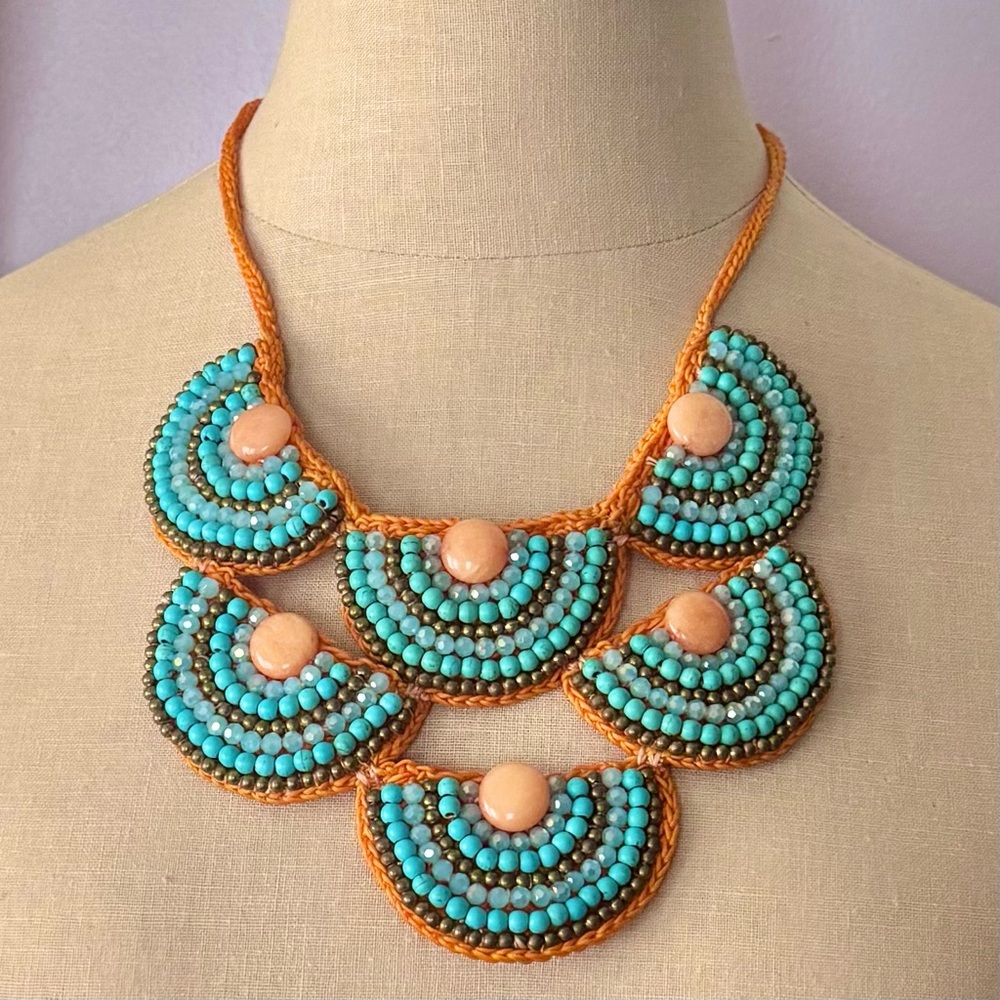 Handcrafted Orange and Turquoise Beaded Statement Necklace